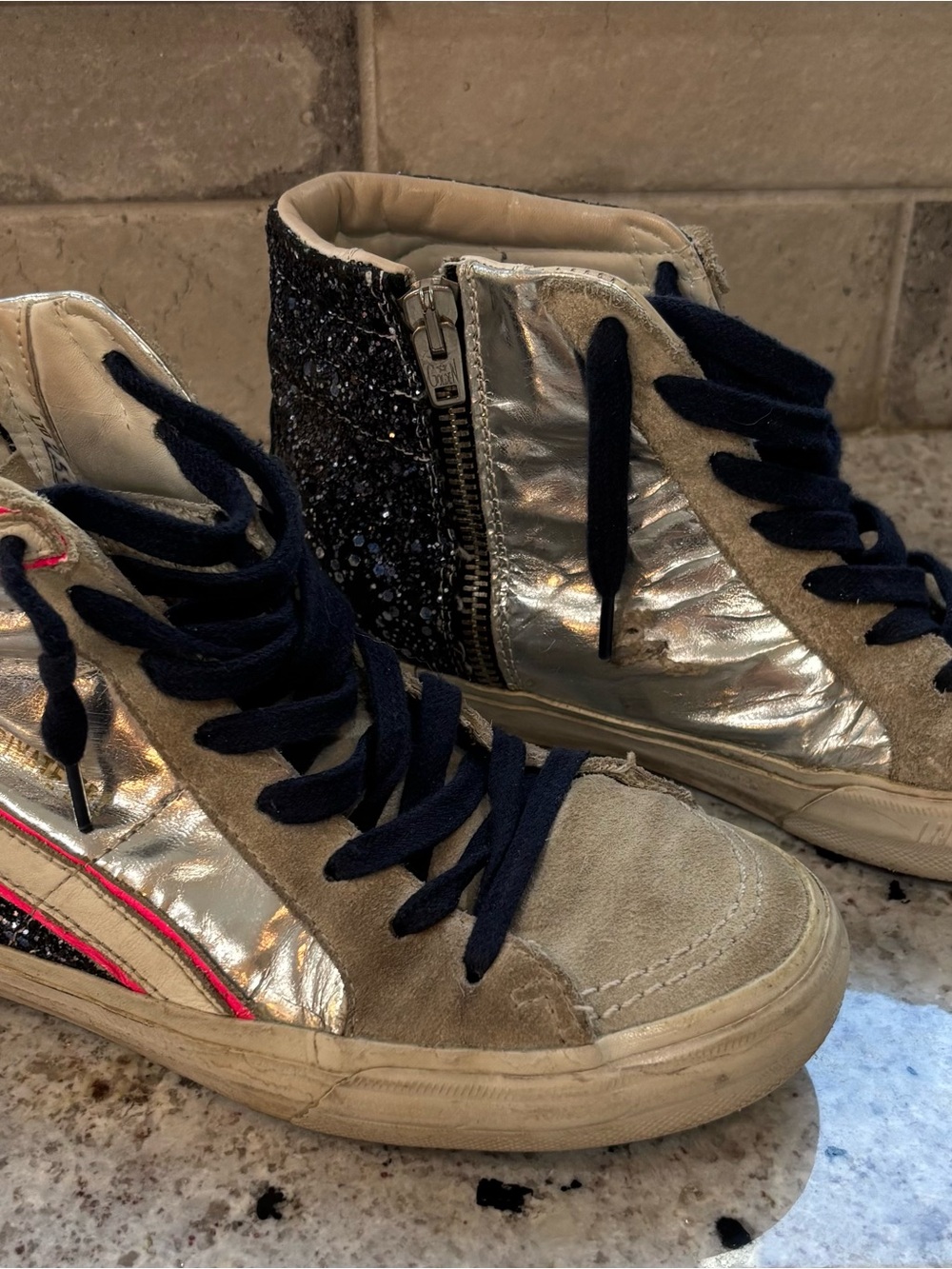Limited Edition GoldenGoose Silver Metallic & Black Glitter High-Top Sneakers